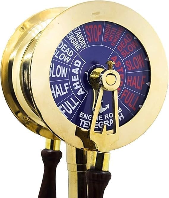 14'' Brass Engine Room Telegraph – Large Vintage Nautical Ship Telegraph Replica with Wooden Handles & Base, Maritime Marine Decor, Collectible Gift