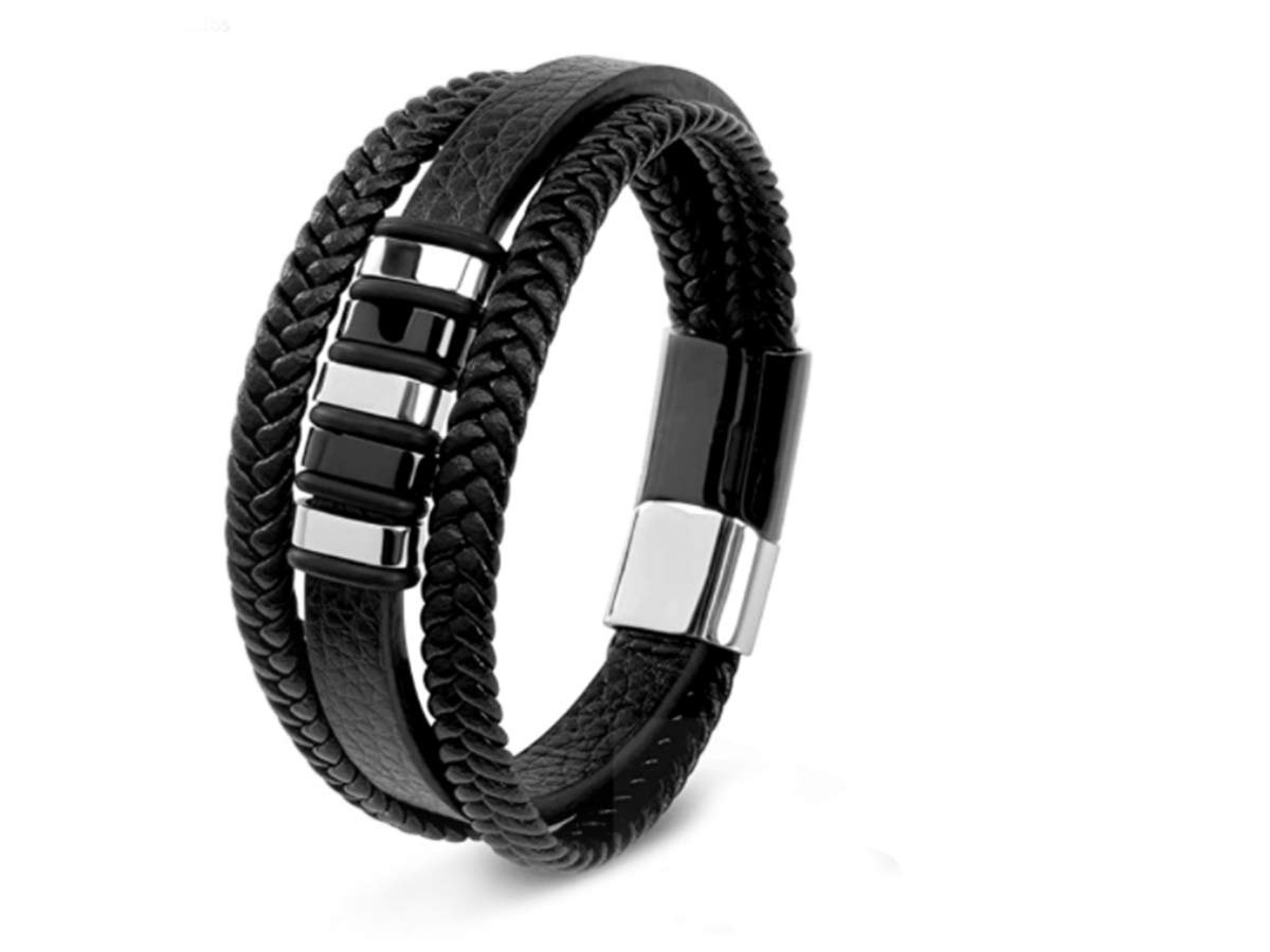 ArtesanoPulsera de Cuero Deluxe para Hombre en Negro Cierre Magnético de Acero Inoxidable Joyero Exclusivo Ideal para Regalo