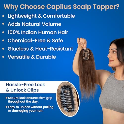 Image of Capilus 100% Human Hair Extensions for Women, Clip in Scalp Topper /Hair Topper, Silk Based- (3 inchx2 inch, 16 Inches, Natural Brown)