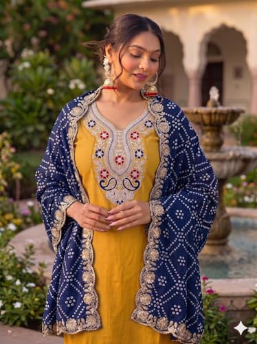 Image of Women Festive Kurta Pant Ensemble with Badhani Embroidered Dupatta Ethnic Set