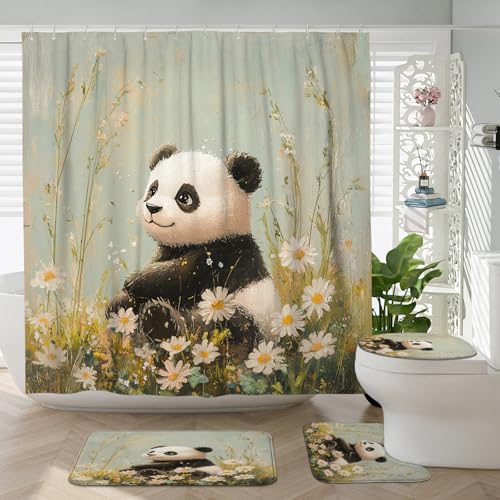 DESIHOM 4PCS Kawaii Daisy Panda Shower Curtain 72''x72'' with Hooks, Bathroom Accessory Sets with Bath Mat, U Shape and Toilet Lid Cover Mat, Oil Painting Flower Home Fabric Decor