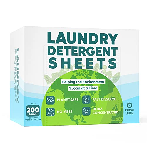 Eco Friendly Laundry Detergent Sheets (100 sheets 200 loads) - Plant based Free and Clear Strips for HE machine, Travel Friendly, Home Clothes Washing (Fresh Linen)