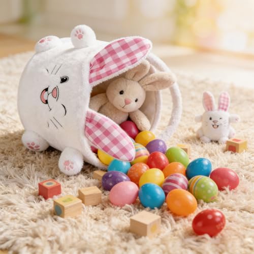 Image of ARVINKEY Easter Bunny Basket, Plush Bunny Easter Egg Hunting Bucket Bags with Rabbit Ears Egg Gift Bags Tote Bags for Easter Decorations,Candy Gifts Storage