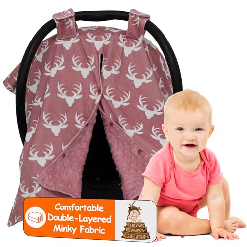 Image of Dear Baby Gear - 40x30 Car Seat Canopy, Infant Carrier Cover for Boys & Girls, Cozy Fall Baby Shower Gift, Nursing & Stroller Use, Newborn Travel Sunshade Accessory, Antlers on Dusty Rose, Pink Dot
