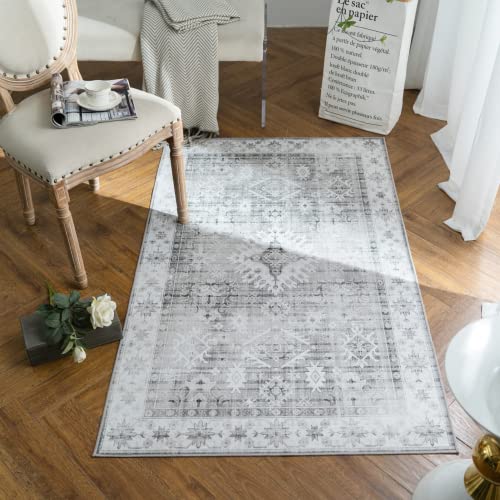 Auemtyn Area Rug,3x5 Washable Rug for Living Room,Persian Rug with Non-Slip Backing,Vintage Rug for Bedroom, Boho Farmhouse Rug for Home Decor(3'x5',Grey)