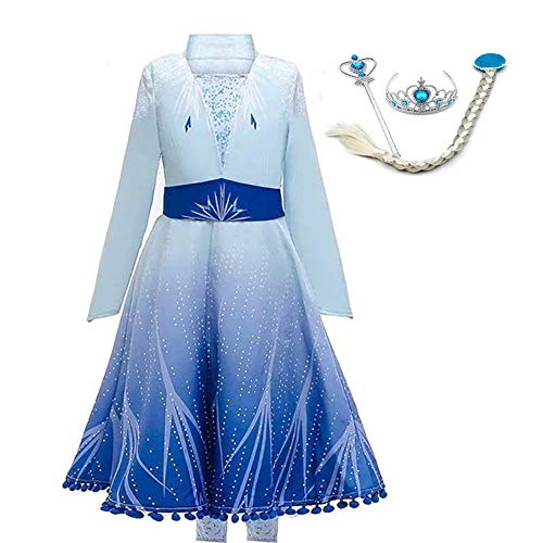 LZH Little Girls Elsa Costume Dress Fancy Cosplay Birthday Party 6Pcs Outfit Pant Dress with Accessories Blue