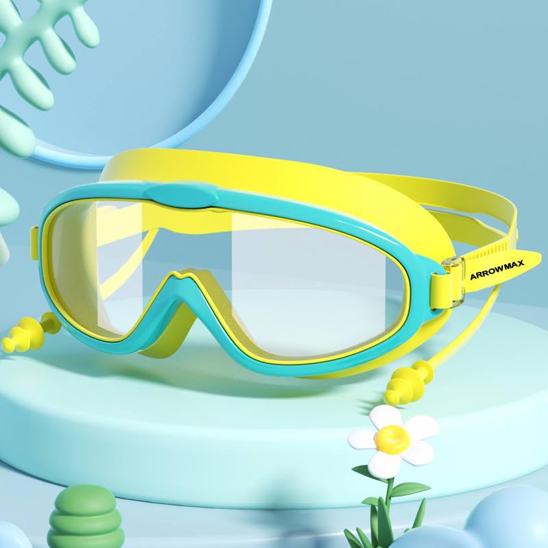 Image of ArrowMax Swimming Goggles for Kids 3-14 Years | Anti-Fog Swim Goggles with UV Protection & Ear Plugs | Leak-Proof Adjustable Goggles for Boys & Girls | Free Case Included (Blue /Yellow)