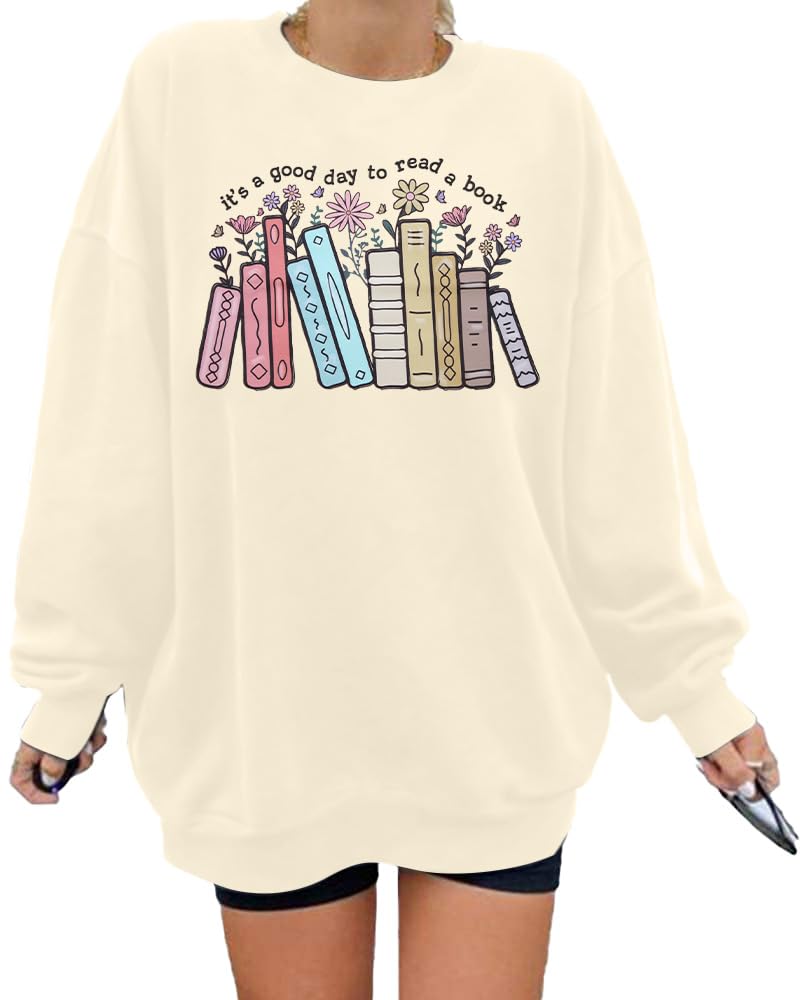 ALLTB Book Sweatshirts Women It’s a Good Day to Read Book Graphic Shirt Bookish Teacher Reading Pullover Long Sleeve Top