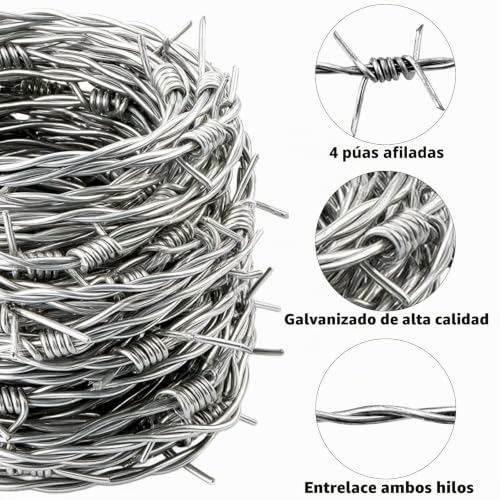 Miniatura 4 de Mbsomnus Alambre De Púas 1,8 Mm X 9 M Alambre De Púas Galvanizado Rollos De Alambre De Púa Para Cercas De Pastoreo Jardines Balcones Muros De Patio Bricolaje Bates De Béisbol