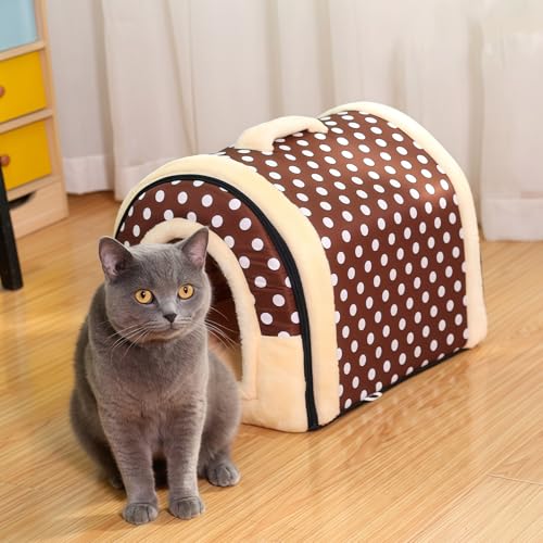 37 * 32 * 30cm Hundehütte Indoor, Hundehöhle Kleine, Katzen Höhlenbett mit Plüsch Katzenkissen, 2 in 1 waschbares Hundebett, Faltbares Haustierhaus für Kätzchen, Welpe, Kaninchen und Meerschweinchen