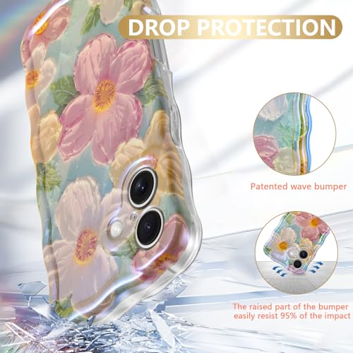 Sheheme RIV For Iphone 16 Plus Case [With 9H Screen Protectors] Wave Bumper Colorful Oil Painting Flowers Print Blue Glossy Soft Tpu Phone Case Cover thumb #5