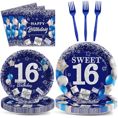 Image of gisgfim 96Pcs 16th Birthday Plates and Napkins Party Supplies Sweet 16 Birthday Party Tableware Set Blue Silver 16th Birthday Decorations Favors for 16 Years Old Boys Girls for 24 Guests