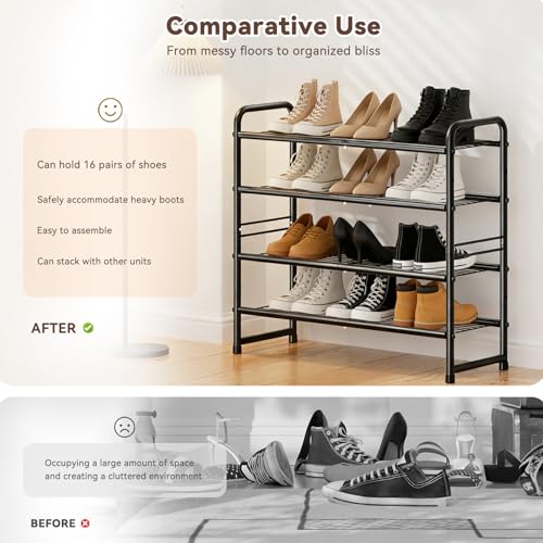 Image of Standard Shoe Rack 4-Tier 32.5 Inches Wide, Free Standing Shoe Organizer for Indoor Outdoor | Adjustable Heavy-Duty Metal Shelf Ideal for Home Entryway Closet & Garage Balcony | Black