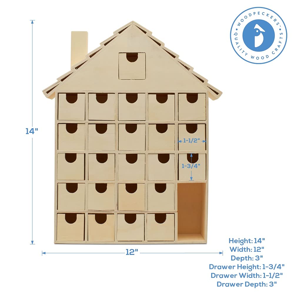 DIY Wooden Advent Calendar House 14 x 12 Inch, Pack of 1 Christmas Advent  Calendar With 24 Empty Drawers for Crafts, by Woodpeckers : Home & Kitchen  - Amazon.com