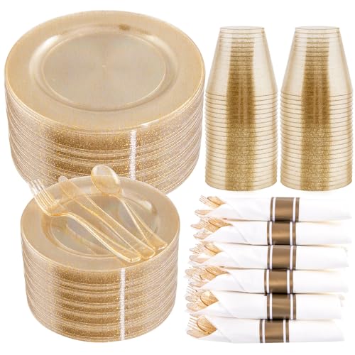 WELLIFE 210Pcs Gold Glitter Dinnerware Set, Gold Glitter Disposable Dinnerware for 30 Guests, Include: 30Dinner Plates, 30Dessert Plates, 90Gold Glitter Silverware, 30 Cups, 30 Paper Napkins