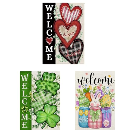 3 Pack Happy Valentines Day Garden Flag St Patricks Day Garden Flag Easter Garden Flags 12 x 18 inch Double Sided Outside decorations Holiday Small Garden Flags For Outdoor Yard Lawn