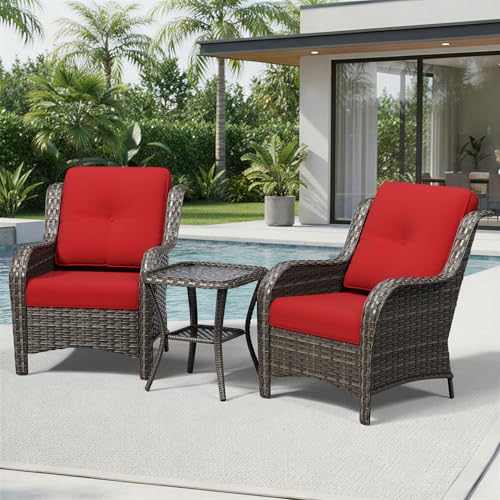 Image of Joyside 3 Piece Wicker Patio Furniture Set, Rattan Patio Chairs with High Back, Deep Seating, Wide Armrest, Thickened Cushions, Outdoor Furniture for Deck, Porch Use