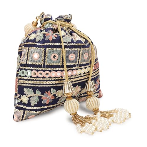 Image of LONGING TO BUY Indian Embroidered Pearl Potli Bag For Women, Sequence Design with Tassel, Wedding Potli Bags