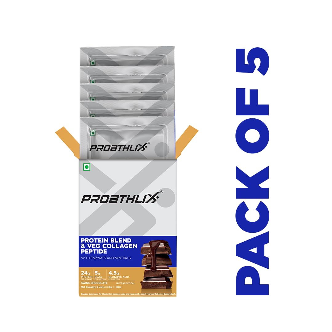 Proathlix Protein Blend & Veg Collagen Peptide with Enzymes for better Absorption and Minerals (Pack of 5, Swiss Chocolate) | 24g Protein, 5g BCAA, 4.5g Glutamic Acid | Muscle Support & Recovery — Amazon image 3