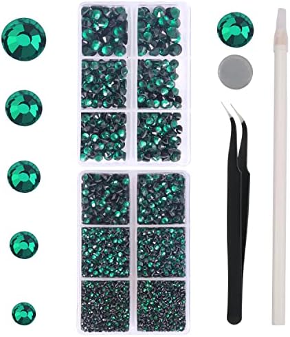 6616PCS Emerald Green Hotfix Rhinestones Crystal Glass Gems for Tumblers Clothes Shirts Bling Flat Back Round with Tweezers and Picking Pen (SS6~SS30 Set)