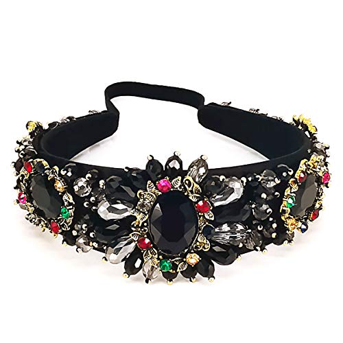 QTMY Beaded Crystal Headband for Women,Wide Hair Hoop Hair Accessories Head Band Headwear,Black