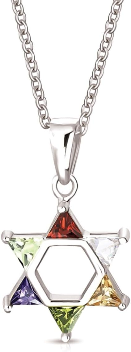 925 Sterling Silver Jewish Star of David Multicolor CZ Pendant Necklace, 18"