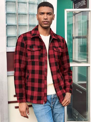 Mens Fleece Jacket Sherpa Lined Zip Up Buffalo Plaid Flannel Coat Casual Long Sleeve Warm Fall Winter Outwear4