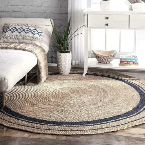 Image of Rounds Jute Carpet - Handwoven Natural Fiber Rug for Living Room, Bedroom, Entryway | Boho Chic Eco-Friendly Area Rug | Rustic Designer Floor Mat:-(Jute Black Design, 4x4 feet