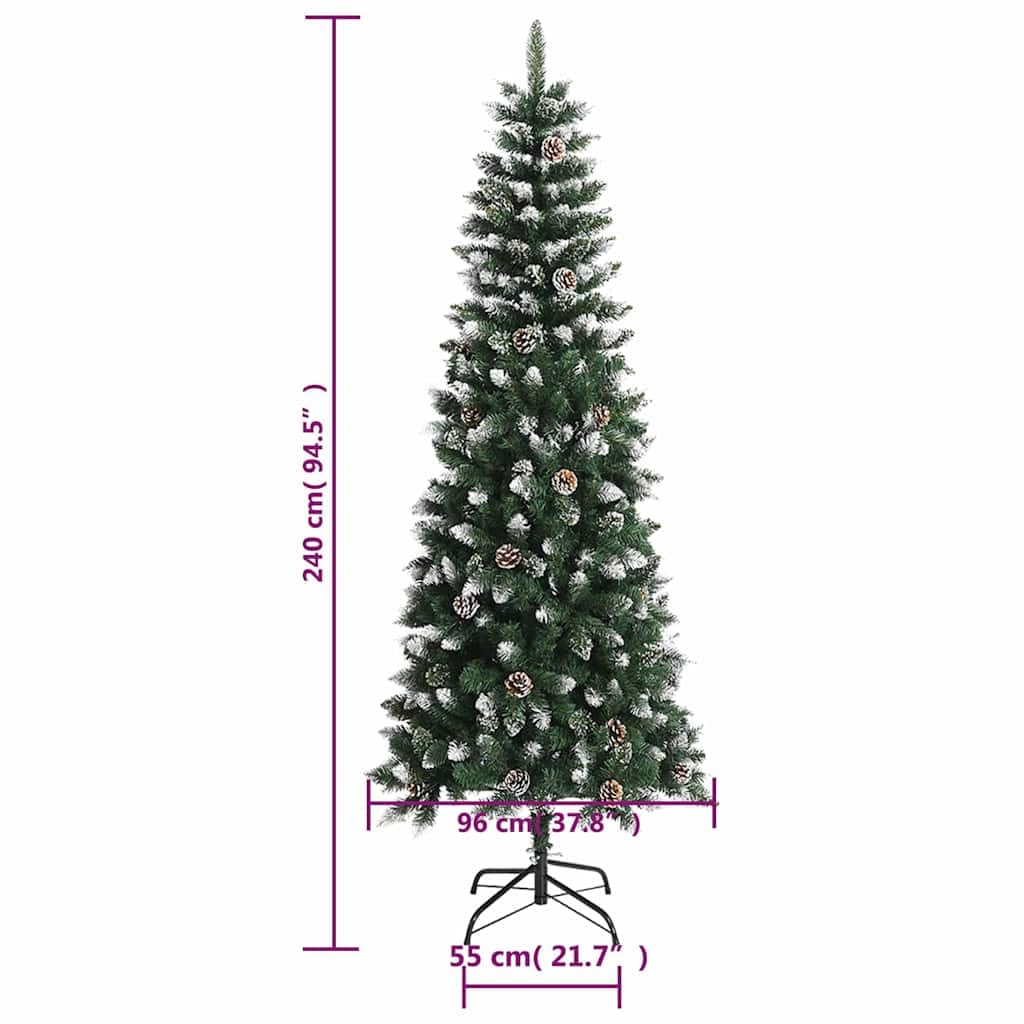 Albero di Natale artificiale da 240 cm, con supporto, in PVC verde, con pigne, design pieghevole per un facile montaggio, punte di abete cespugliate con neve e glitter, incluso