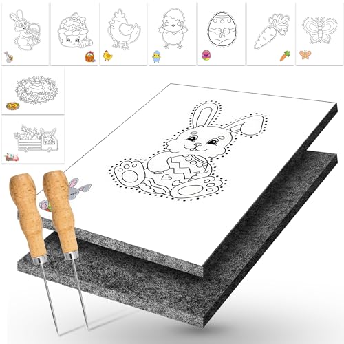 DazSpirit Juego de Agujas para Pinchar para Niños a Partir de 4 Años, Juego de Punzón Infantil Completo con 2 Fieltros, 2 Agujas y 10 Diseños de Bordado, Kit de Arte para Manos Pequeñas (Pascua)