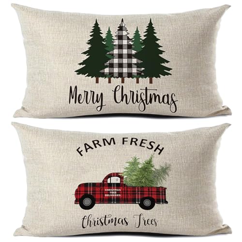 Funda de almohada lumbar, casa de campo, oficina, decoración del hogar, funda de cojín rectangular de lino retro, decoración de Navidad, árbol de camión, 50 x 30 cm, 2 unidades