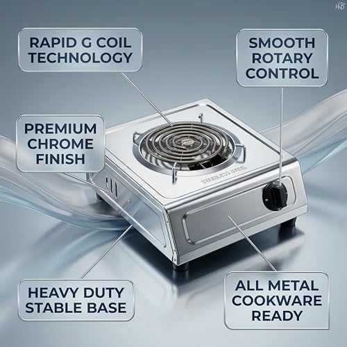Image of Drumstone 2000W Electric Coil Hot Plate | Single Burner Portable Electric Stove with Adjustable Temperature, Stainless Steel Body & Indicator | for Home, Hostel, Office & Travel Use