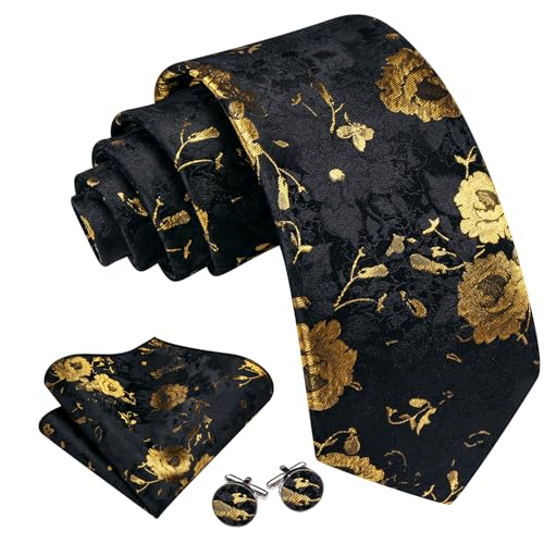 Image of Barry.Wang Flower Ties for Men Silk Woven Floral Tie Sets Necktie Handkerchief Cufflinks Wedding Party