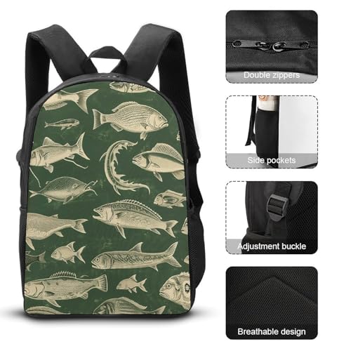 Retro Fish 3pcs Lightweight Travel Backpack Printed Backpack With Lunch Pack Storage Box Case3