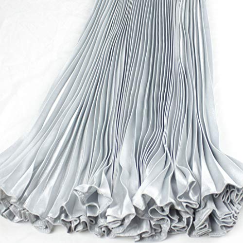 ebossy Women's Boho Satin Metallic Pleated Accordion Skirts Elastic High Waist Flowy A Line Shirring Maxi Long Skirt (One Size, Silver)3