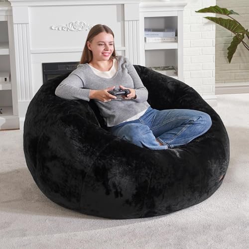 Image of Hobestluk Large Bean Bag Chair for Adults to Relax, Donut-Shaped (Black) | Special Donut Design, Memory Foam Filling, Comfortable Stuffed Sofa, Relaxing, Reading or Playing, Soft Plush Faux Fur Fabric
