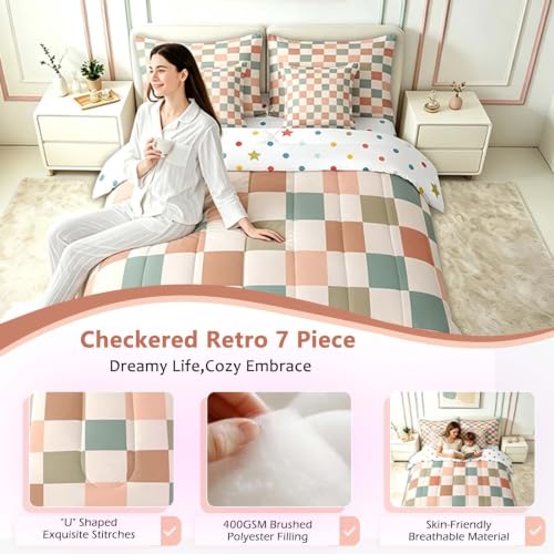 Image of Feelyou Multicolored Checkered Retro 7 Piece Bedding Set Kids Boys Geometric Vintage Comforter Set with Sheets King Size Ivory White Colorful Bed in a Bag Modern Simple Groovy Aesthetic Room Decor