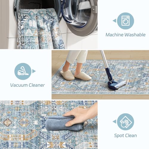 Madane Hallway Runner Rug 2x12, Extra Long Washable Runner Rugs with Rubber Backing, Non Slip Carpet Runner for Hallway, Vintage Rug Runners for Kitchen Laundry Room Entryway (Blue/Gold, 2'x12')