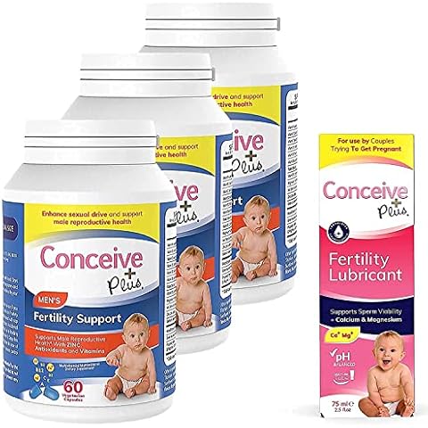 CONCEIVE PLUS Mens Fertility Bundle | 3 Months Supply Fertility Vitamin Supplements for Men 3 x 60 Count and Fertility Lubricant 2.5 Ounce Cover