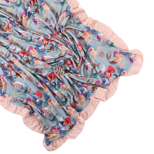 Image of Rayon Made from Bamboo Baby Blanket for Girls, Mermaid Print, Ruffle Trim, Soft and Comfy, Size 40x33