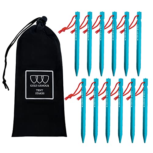 Gold Armour Tent Stakes - 12 Pack Heavy Duty, Lightweight, Camping Stakes Pegs for Outdoor Tent and Tarp, Essential Camping Gear Equipment Accessories (Blue)
