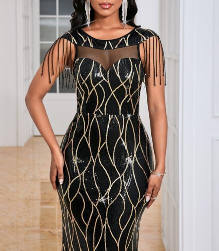 Image of Cololura Women Sexy Sequin Mesh Perspective Bodycon Party Cocktail Evening Gown Maxi Dress