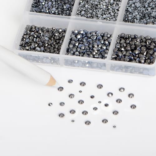 Image of Bymitel Hotfix Crystal Rhinestones Round Gems for Crafts,Mixed 6 Sizes with Wax Pencil Kit, Jet Hematite 1.3-3.2mm(SS3-SS12 /8000pcs)
