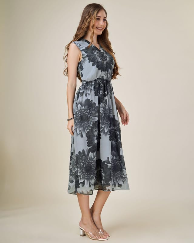 Image of MOJILAA Women's Georgette Floral Printed Gathered Dress