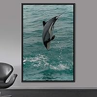 Framed Canvas Wall Art Fish on The Surface Bedroom Dolphin Marine Life Multicolor Nautical Photography - 16x24 inches