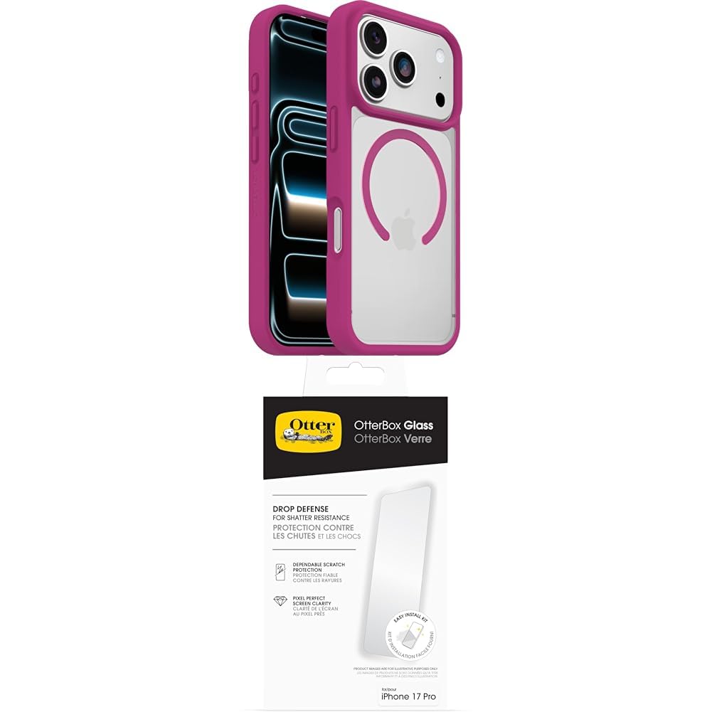 OtterBox React Series MagSafe funda para iPhone 17 Pro, Testada con los estándares Militares anticaídas, Transparente/Rosa + OtterBox Glass Protector de Pantalla de Cristal Templado