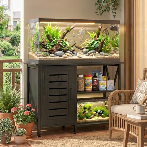 Image of Herture 40-50 Gallon Fish Tank Stand, Aquarium Stand with Cabinet Accessories Storage, Heavy Duty Metal Frame, 40.55 inch L*18.89 inch W Tabletop, 850LBS Capacity, Black PG02YGB