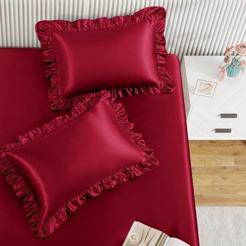 Image of Homiest Burgundy Queen Ruffle Pillowcase & Satin Fitted Sheet Set 3Pcs | Silky Satin Protects Hair And Skin, 15-Inch Deep Pocket, Pearlescent Rich Vintage Warmth, Easy Machine Wash Care