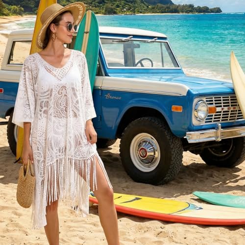 Image of SANNIDHI Women's Lace Beach Cover Up Embroidered Swimsuit Coverups Full Sleeve Boho Sheer Bathing Suit Swim Dress for Poolside, Seaside and Party