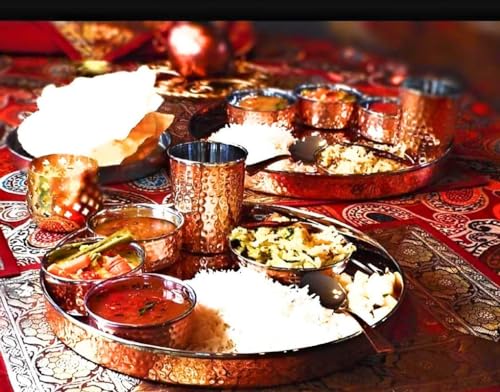 GRAINEX ENGINEER Stainless Steel Copper Hammered Finish Dinner Set of 1 Thali, 3 Bowl, 1 Water Glass, 1 Dessert Spoon, 1 Sweet Dish (Thali Diameter 13 inch) Set of 2